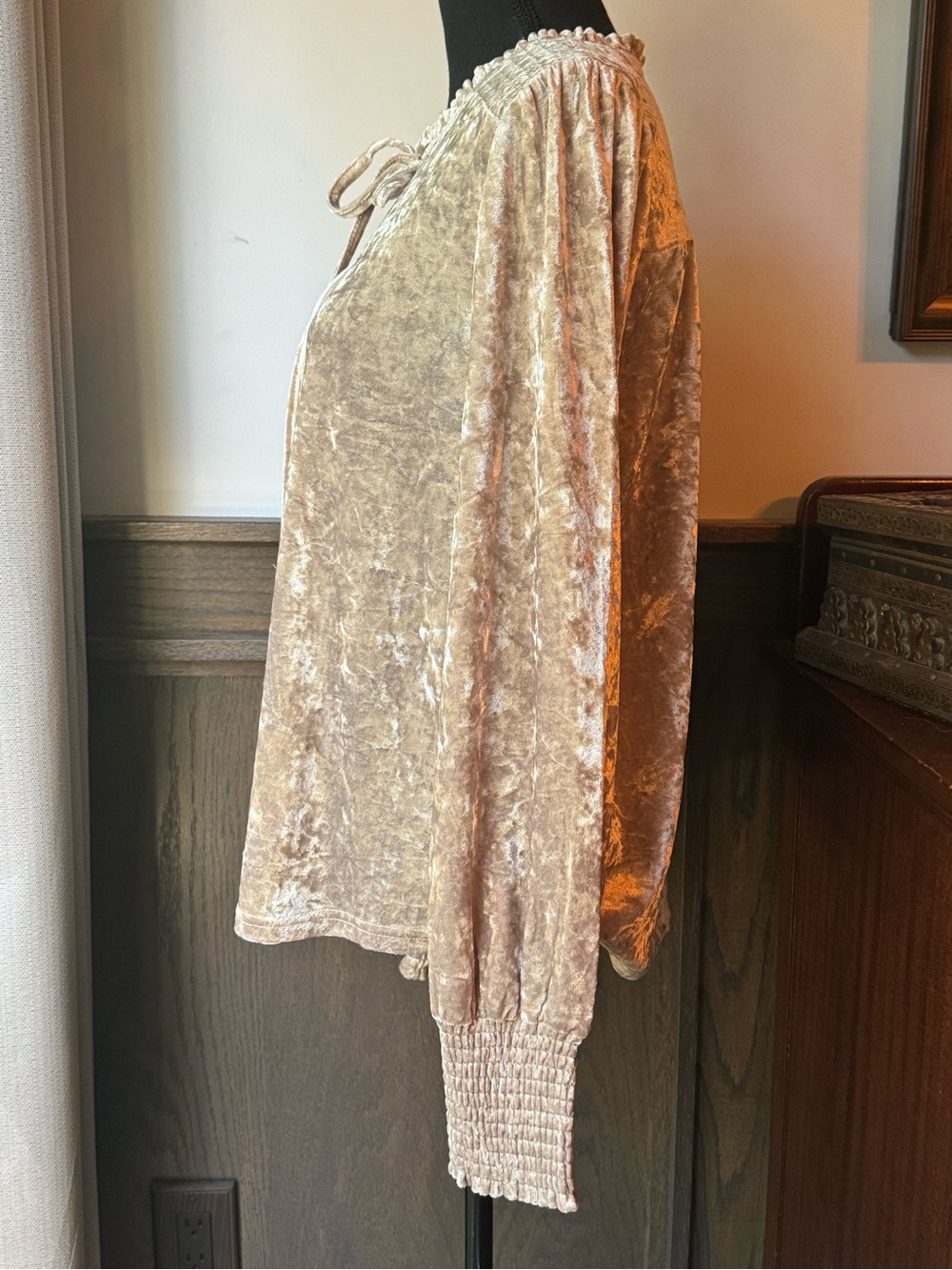 Mystree Taupe Crushed Velvet Tie-Neck Long Sleeve Top - Picture 3 of 7